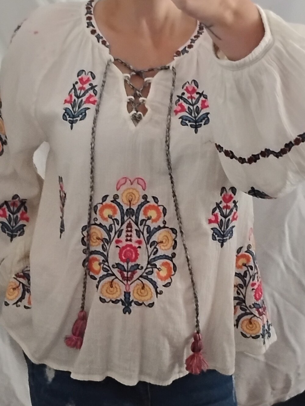 Sundance White Western Tunic with Floral Aztec Embroidery Size Petite L